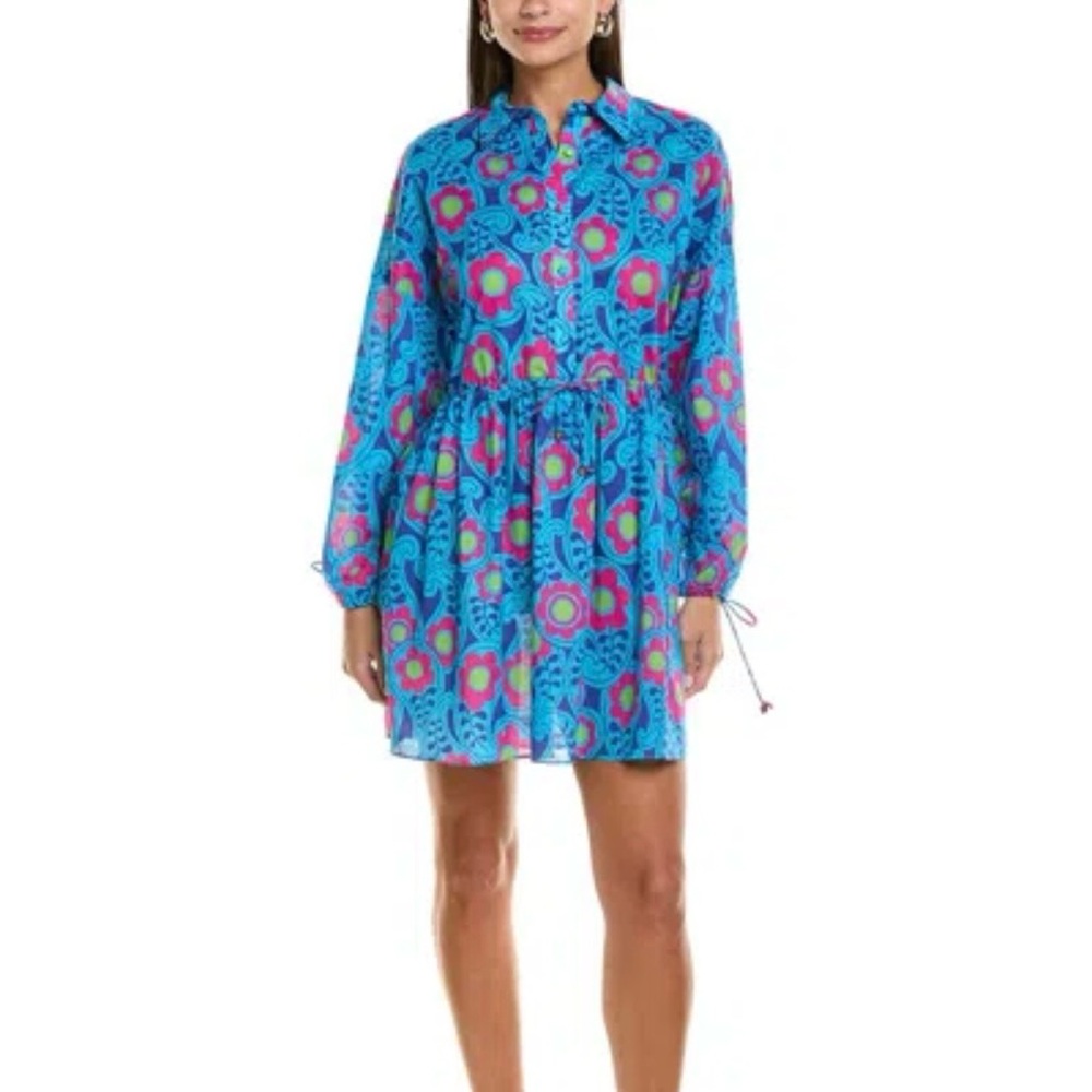 Flora Bea Women’s Blue Pink Floral Paisley Drawstring Cotton Mini Dress Sz S~NWT